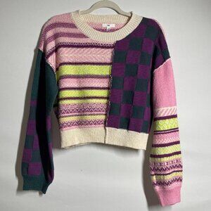 BP Womens Multicolor Long Sleeve Unique Patchwork Knit Cropped Sweater Size M